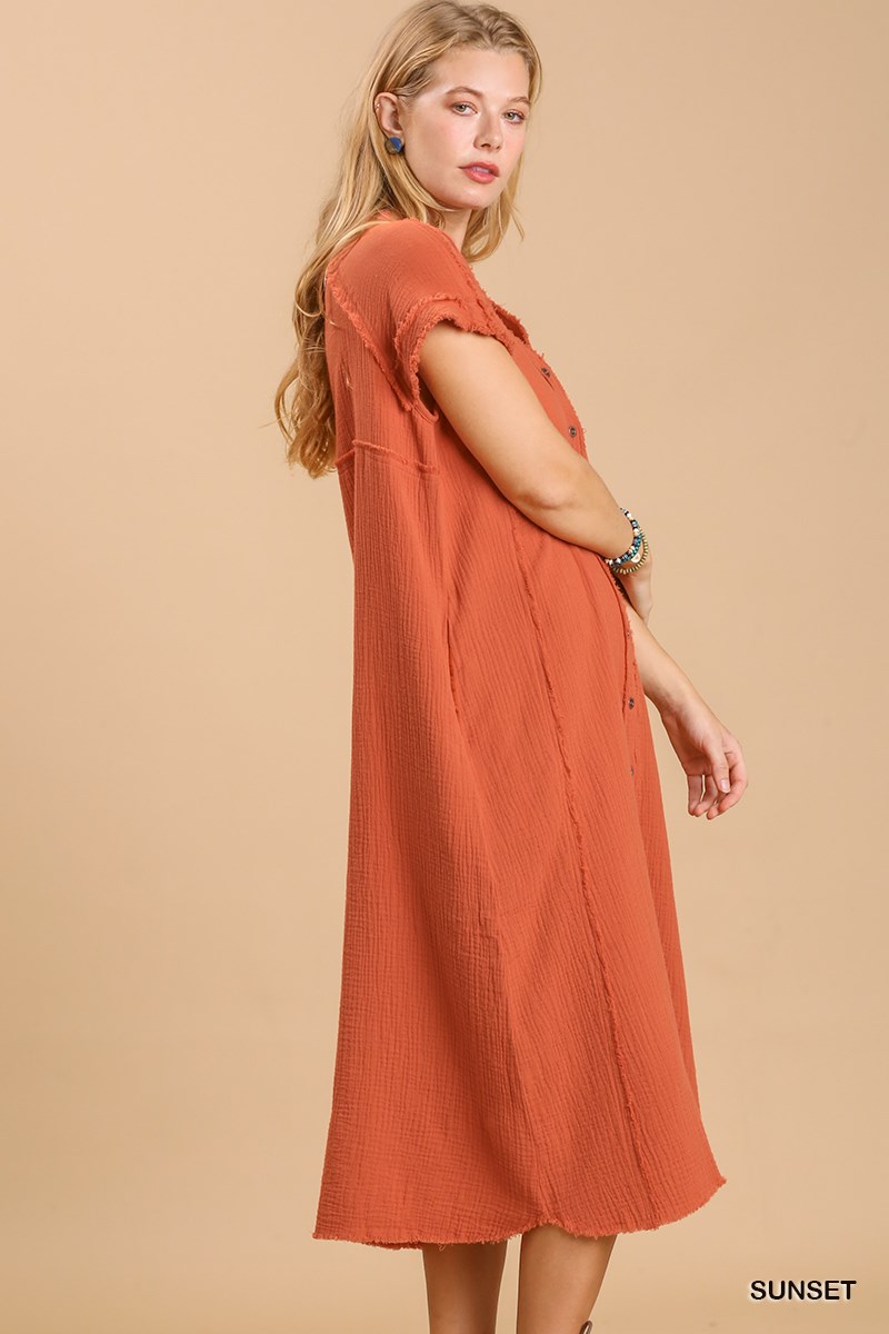 Notched Neck Dropped Shoulder Button-Down Midi Dress