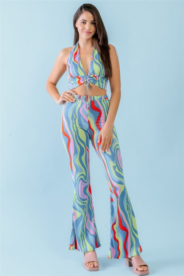 Multicolor Abstract Print Halter V-neck Ruched Open Back Crop Top & High Wai...