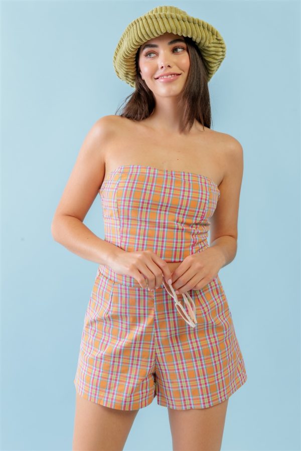 Orange & Aqua Plaid Print Cotton Strapless Crop Top & High Waist Two Pocket ...